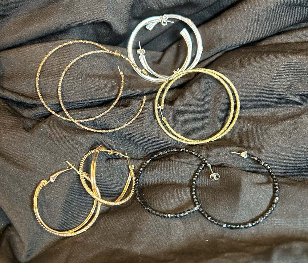 5-Piece Assorted Fashion Hoop Earrings Lot Silver, Gold & Black styles